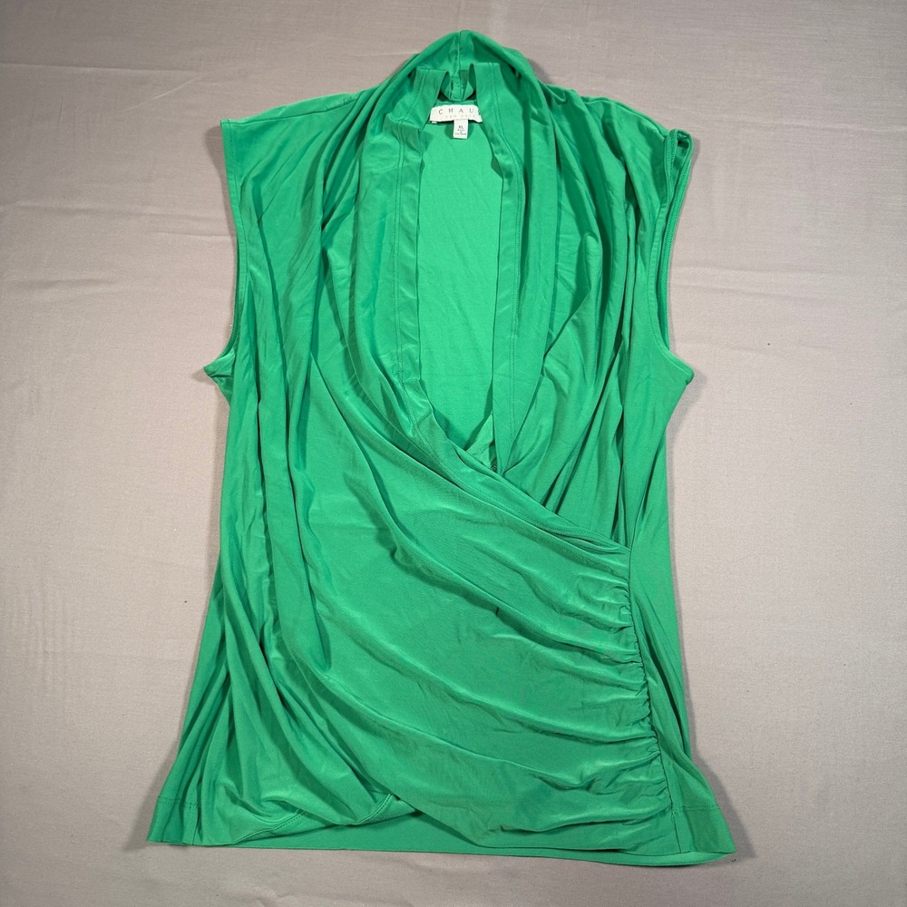 Chaus New York Womens XL Green Draped Surplice Sleeveless‎ Blouse Ruched Top
